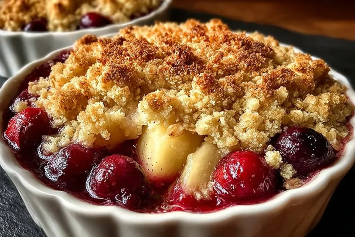 Delicious Apple-Cranberry Crumble dessert with golden topping and fresh fruit