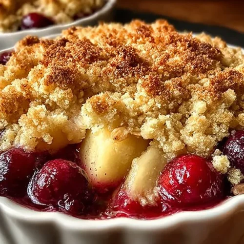 Delicious Apple-Cranberry Crumble dessert with golden topping and fresh fruit