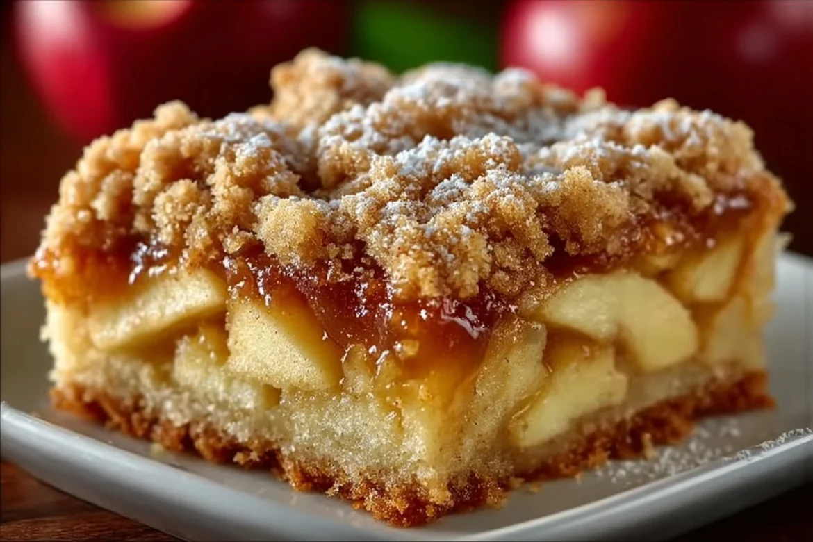 Freshly baked apple crumb bars with a buttery crumb topping