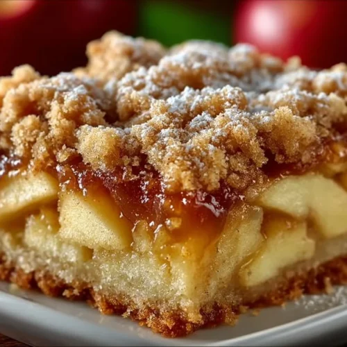 Freshly baked apple crumb bars with a buttery crumb topping