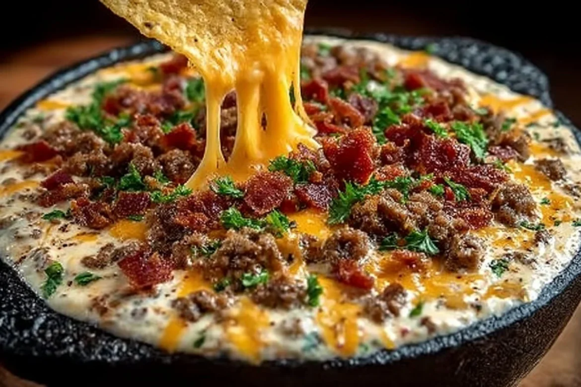 Delicious Bacon Cheeseburger Queso Dip served in a bowl with tortilla chips