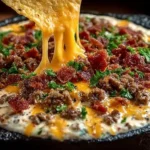 Delicious Bacon Cheeseburger Queso Dip served in a bowl with tortilla chips