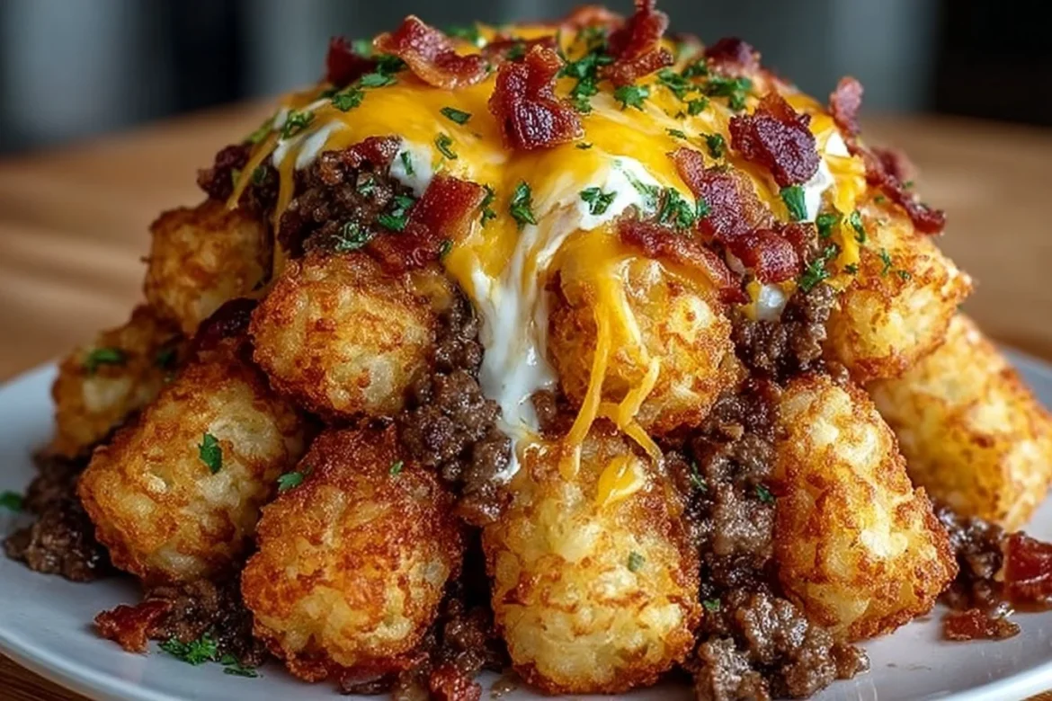Bacon cheeseburger stuffed tater tot cones served on a plate