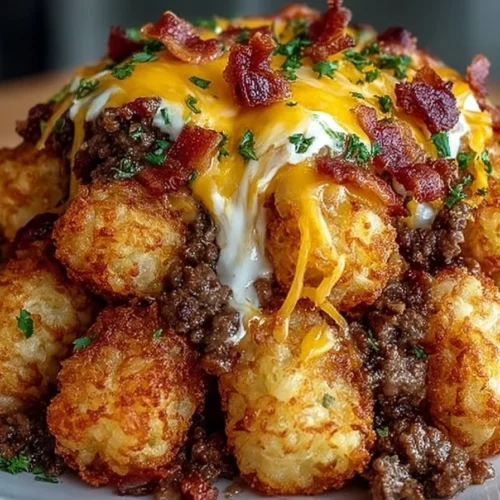 Bacon cheeseburger stuffed tater tot cones served on a plate