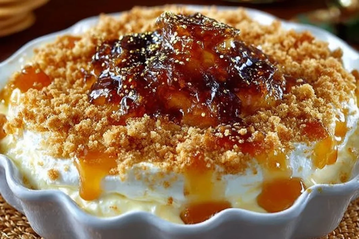 Baked Caramel Apple Cheesecake Dip served with caramel drizzle and apple slices