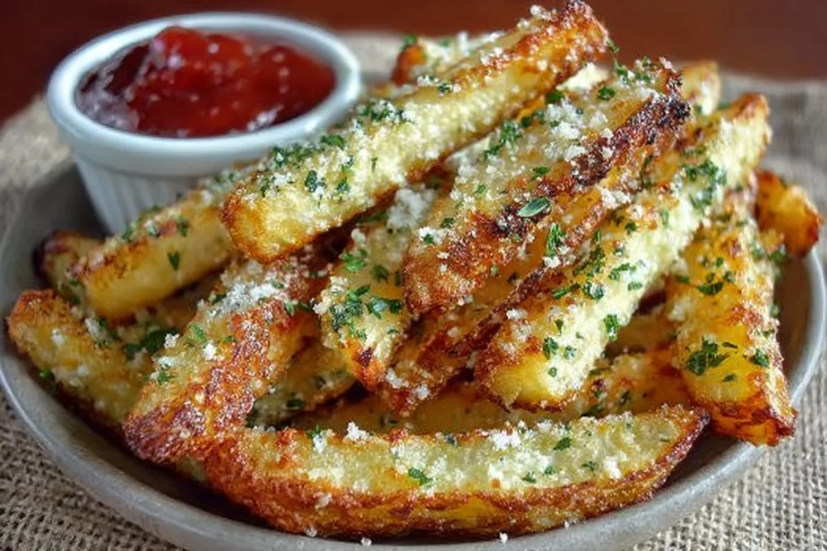 Crispy baked garlic parmesan fries served on a plate