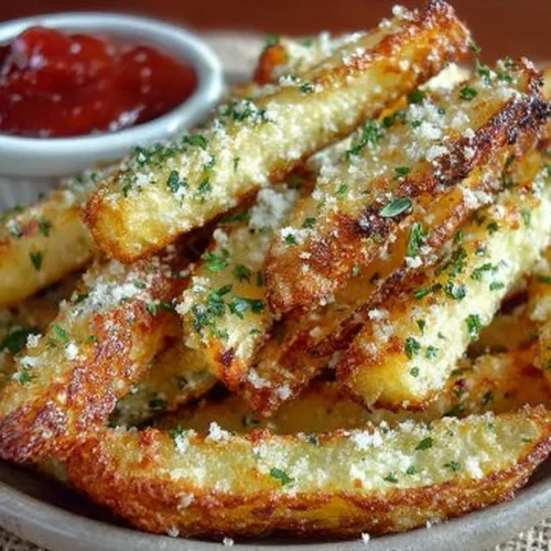 Crispy baked garlic parmesan fries served on a plate