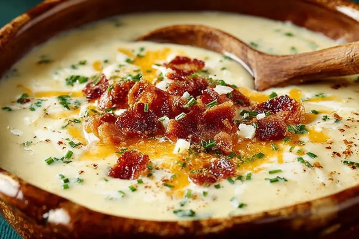 Bowl of creamy baked potato soup garnished with chives and bacon