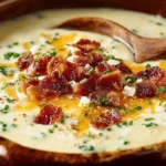 Bowl of creamy baked potato soup garnished with chives and bacon