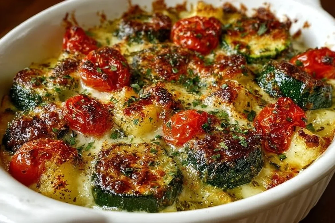 Baked zucchini and cheese dish, featuring golden, melted cheese atop sliced zucchini