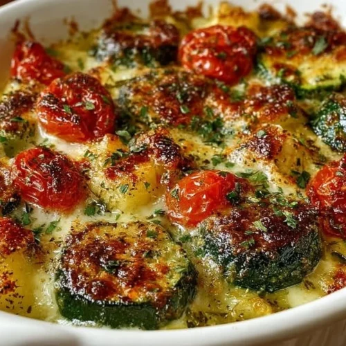 Baked zucchini and cheese dish, featuring golden, melted cheese atop sliced zucchini