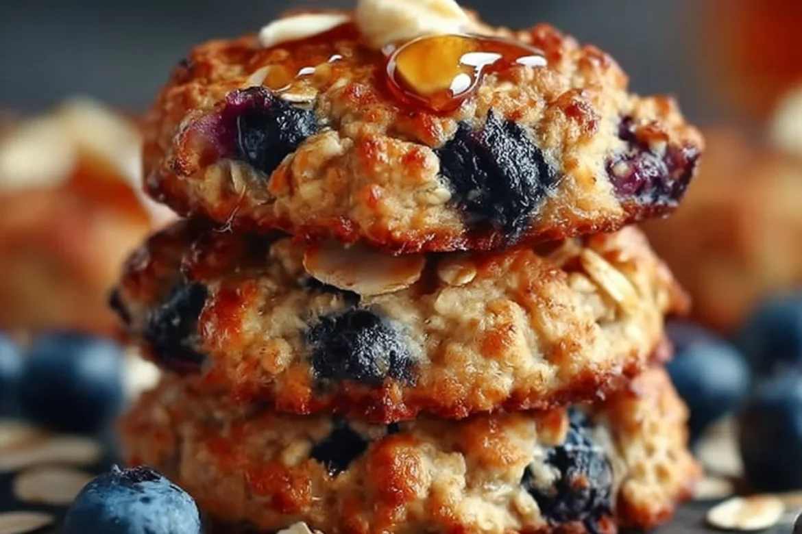 Banana Blueberry Oatmeal Breakfast Cookies stacked on a plate