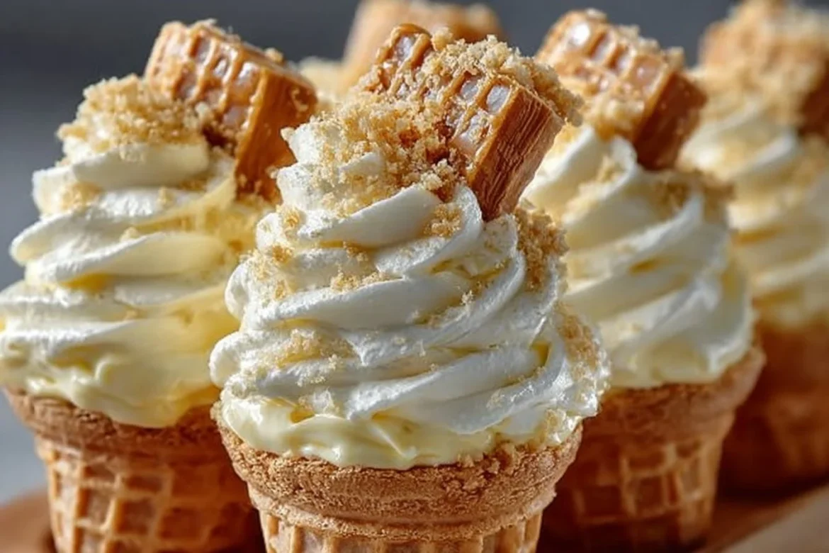 Banana pudding cheesecake cones topped with whipped cream and banana slices