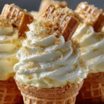 Banana pudding cheesecake cones topped with whipped cream and banana slices