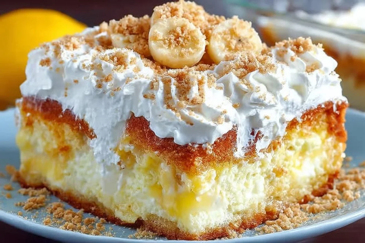 Delicious Banana Pudding Poke Cake topped with fresh bananas and creamy pudding