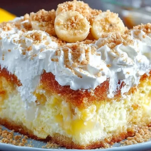 Delicious Banana Pudding Poke Cake topped with fresh bananas and creamy pudding