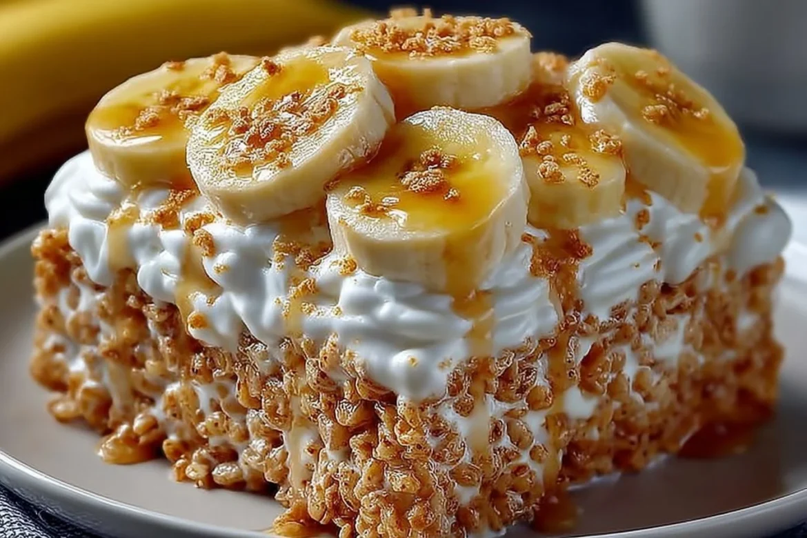Banana pudding Rice Krispies dessert in a glass dish