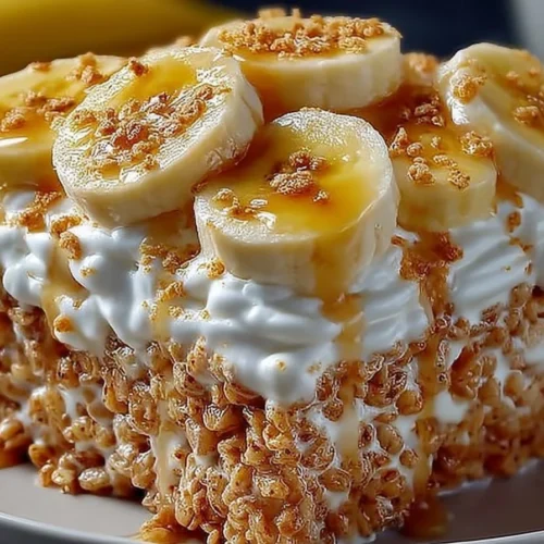 Banana pudding Rice Krispies dessert in a glass dish
