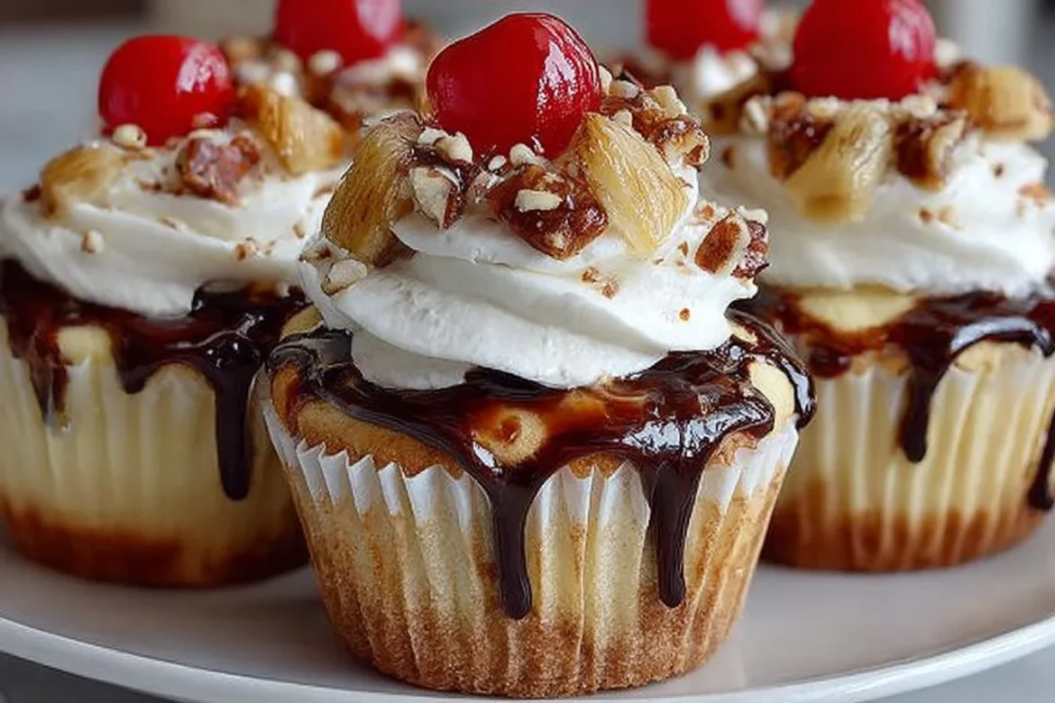 Delicious banana split cupcakes topped with cherries and whipped cream.