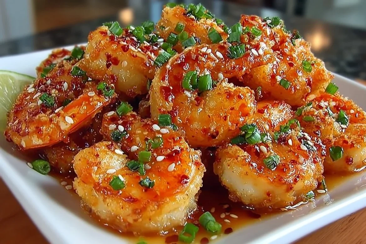 Plate of Bang Bang Shrimp drizzled with spicy mayo and garnished with green onions