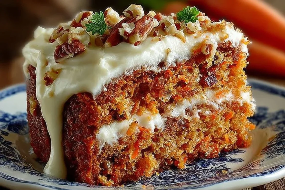 Delicious carrot cake with cream cheese frosting on a decorative plate