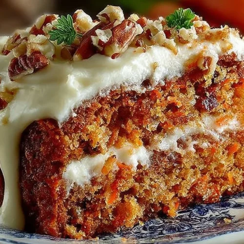 Delicious carrot cake with cream cheese frosting on a decorative plate