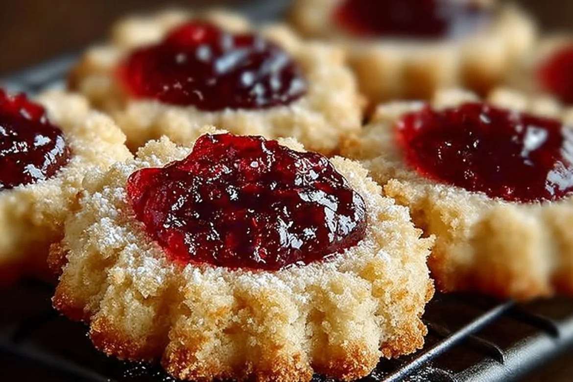 Delicious jelly thumbprint cookies on a plate with colorful fruit jam filling
