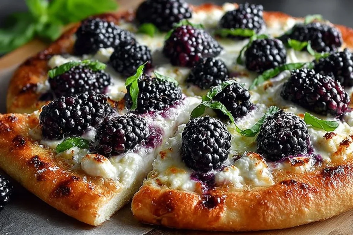 Delicious Blackberry Basil Ricotta Pizza topped with fresh berries and basil