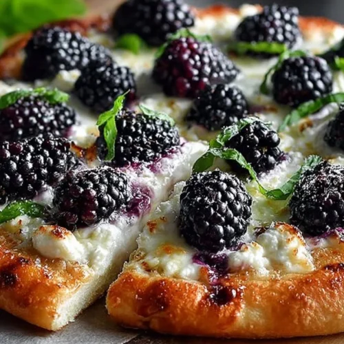 Delicious Blackberry Basil Ricotta Pizza topped with fresh berries and basil