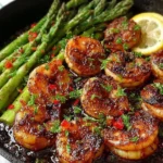 Delicious blackened shrimp served with fresh asparagus in a skillet