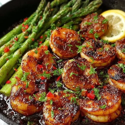 Delicious blackened shrimp served with fresh asparagus in a skillet
