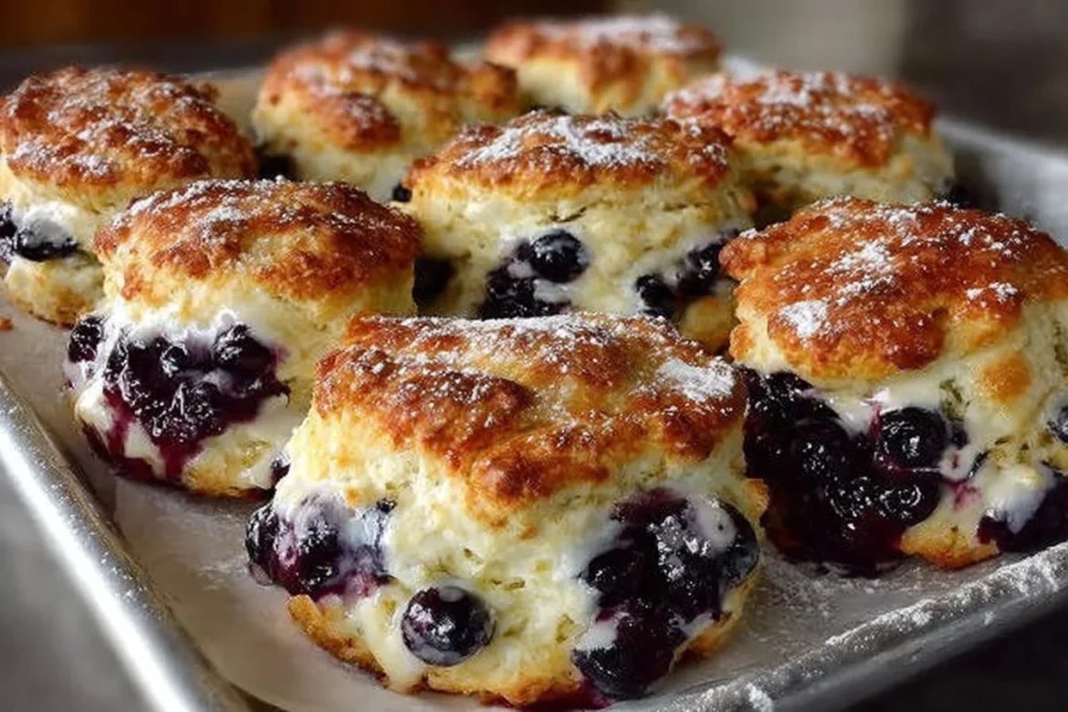 Freshly baked blueberry biscuits with juicy blueberries on a plate