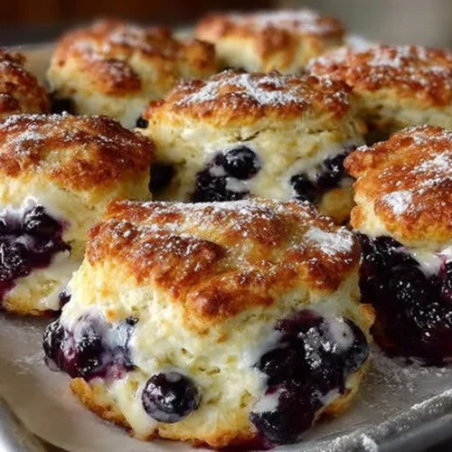 Freshly baked blueberry biscuits with juicy blueberries on a plate