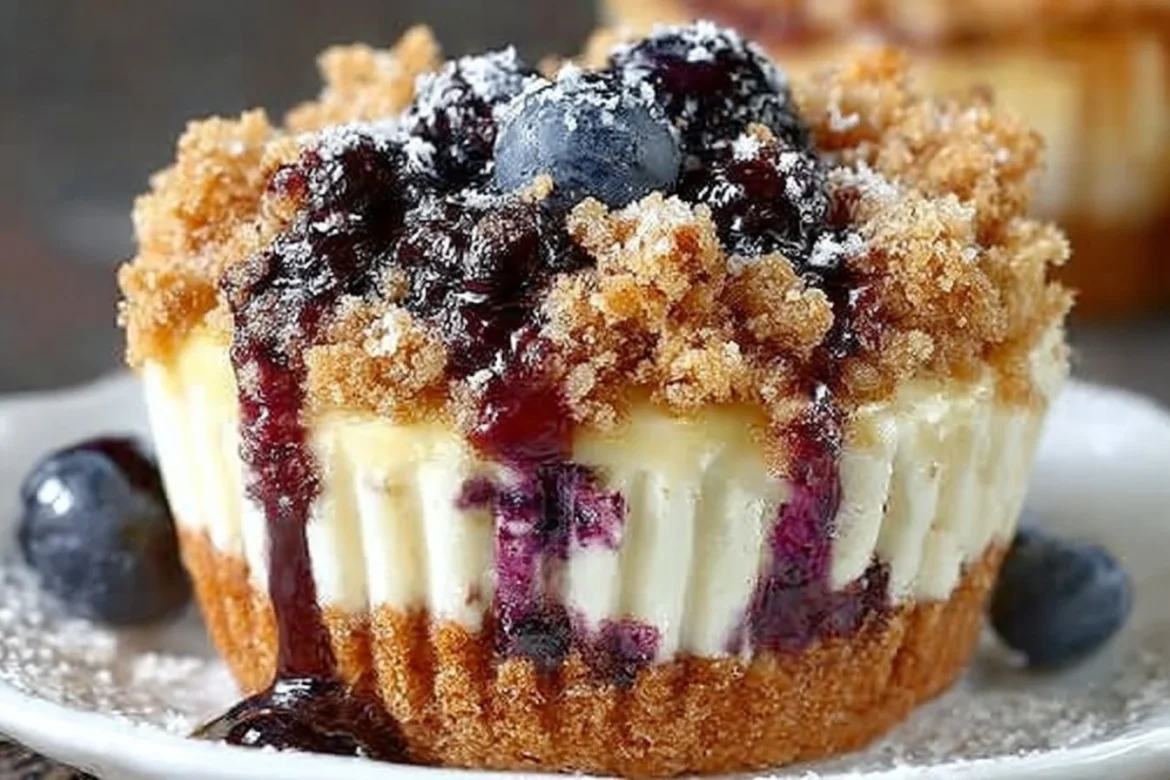 Blueberry crumble mini cheesecakes with a crunchy topping and fresh blueberries
