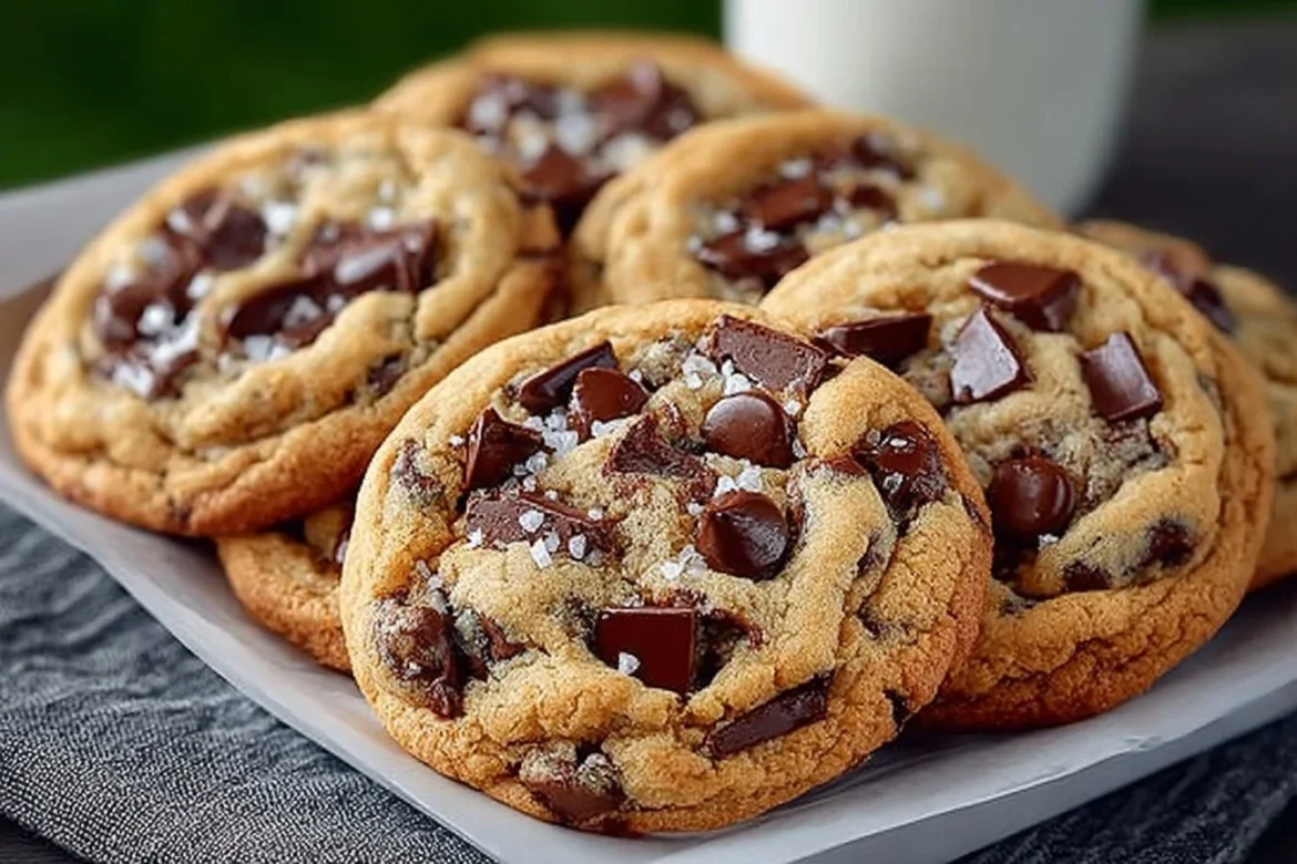 Freshly baked brown butter chocolate chip cookies on a cooling rack.