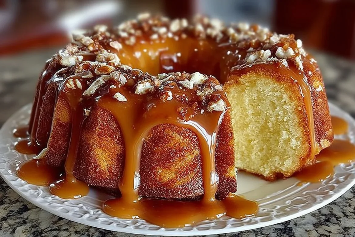 Slice of brown sugar caramel pound cake with a golden caramel glaze