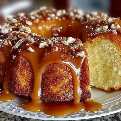 Slice of brown sugar caramel pound cake with a golden caramel glaze