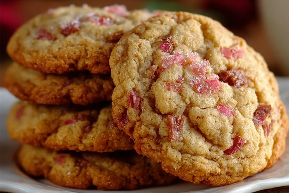 Delicious Brown Sugar Rhubarb Cookies on a plate with a hint of sugar glaze.