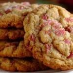 Delicious Brown Sugar Rhubarb Cookies on a plate with a hint of sugar glaze.
