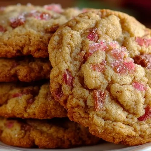 Delicious Brown Sugar Rhubarb Cookies on a plate with a hint of sugar glaze.