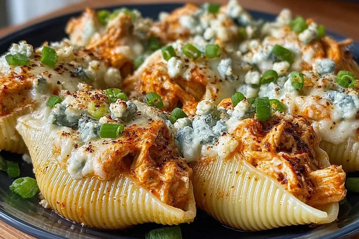 Buffalo Chicken Cheesesteak Stuffed Shells topped with cheese and buffalo sauce