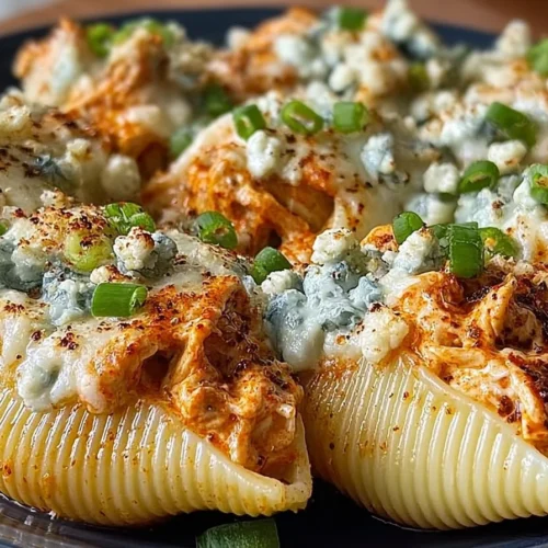 Buffalo Chicken Cheesesteak Stuffed Shells topped with cheese and buffalo sauce