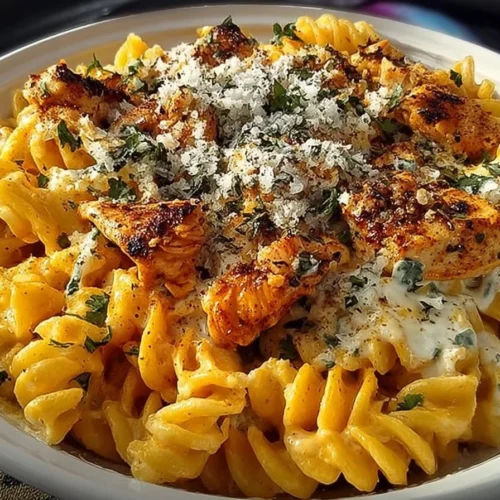Creamy Buffalo Chicken Pasta served with garnished scallions.