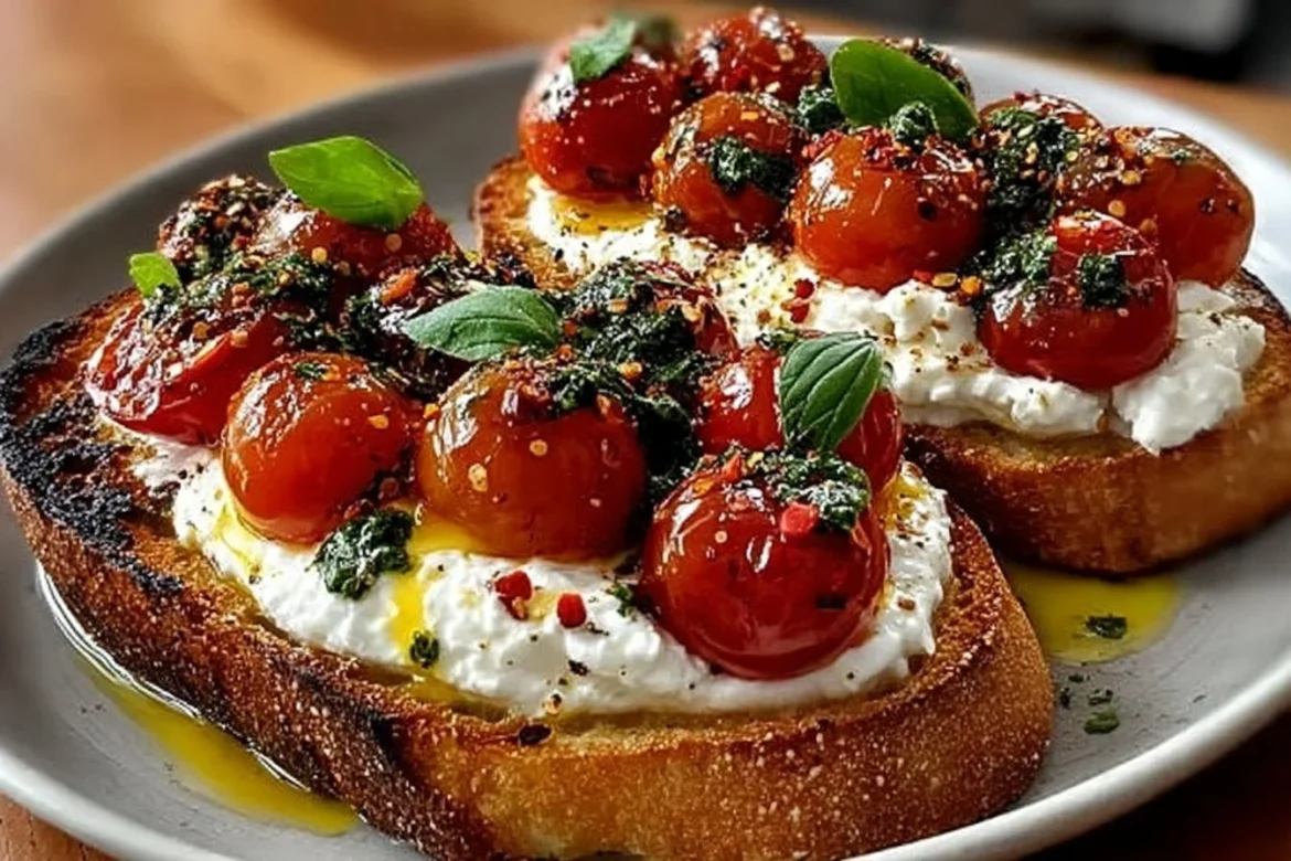 Burrata Bruschetta topped with tomatoes and basil on grilled bread