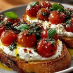 Burrata Bruschetta topped with tomatoes and basil on grilled bread