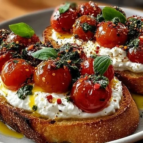 Burrata Bruschetta topped with tomatoes and basil on grilled bread