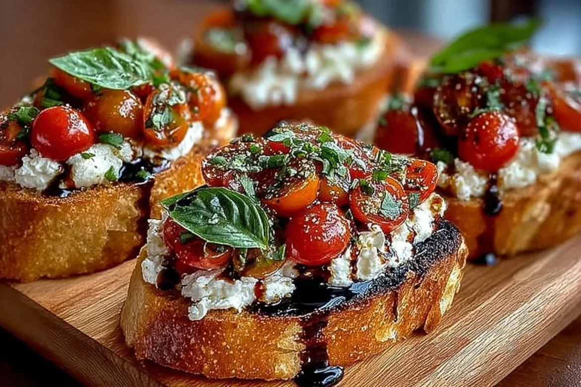 Delicious burrata bruschetta drizzled with balsamic glaze on a wooden board.