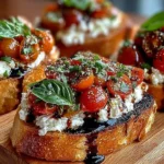 Delicious burrata bruschetta drizzled with balsamic glaze on a wooden board.