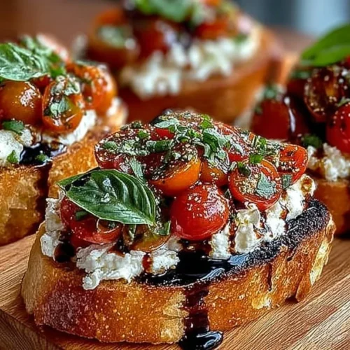 Delicious burrata bruschetta drizzled with balsamic glaze on a wooden board.