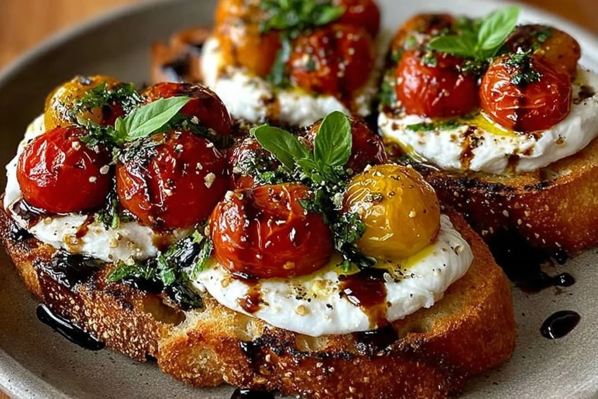 Burrata bruschetta topped with blistered tomatoes on toasted bread.